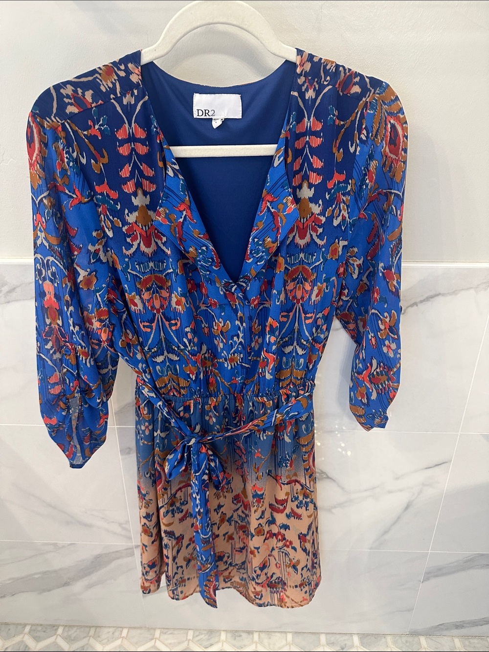 DR2 Blue Floral Print V-Neck Mini Dress with Tan Accents